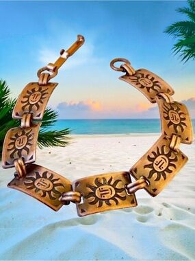 Copper Bracelet Vintage Sun Face Rectangular Links Southwestern Boho